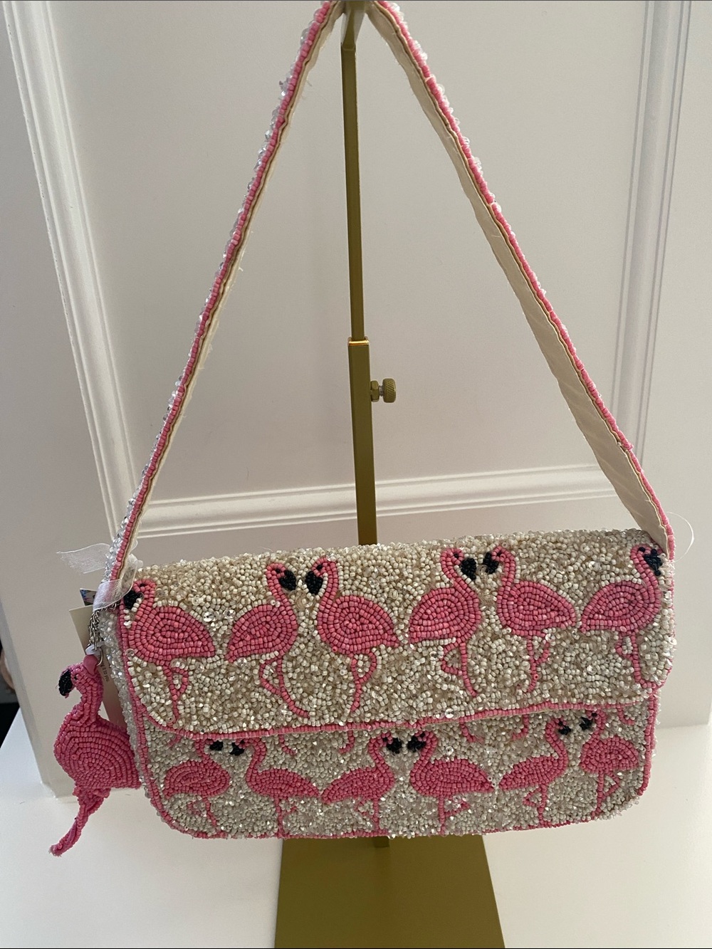 Pink Beaded Flamingo Shoulder Bag